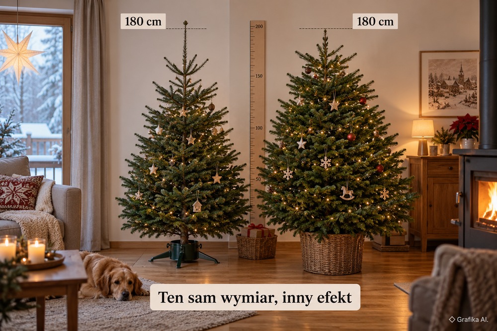 Dwie żywe choinki o oznaczonej wysokości 180 cm, różniące się długością czubka i kształtem korony