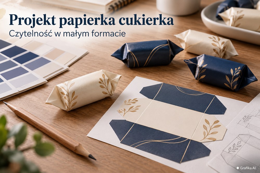 Projekt papierka i zawinięte krówki na stole z próbnikiem kolorów – grafika AI