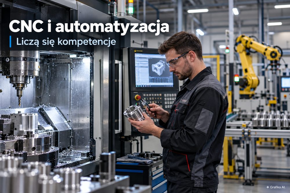 Operator CNC kontrolujący detal w zautomatyzowanym zakładzie – grafika AI